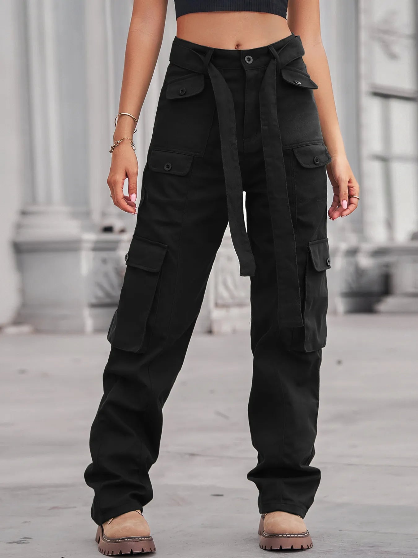 High-Waisted Multi-Pocket Cargo Jeans.