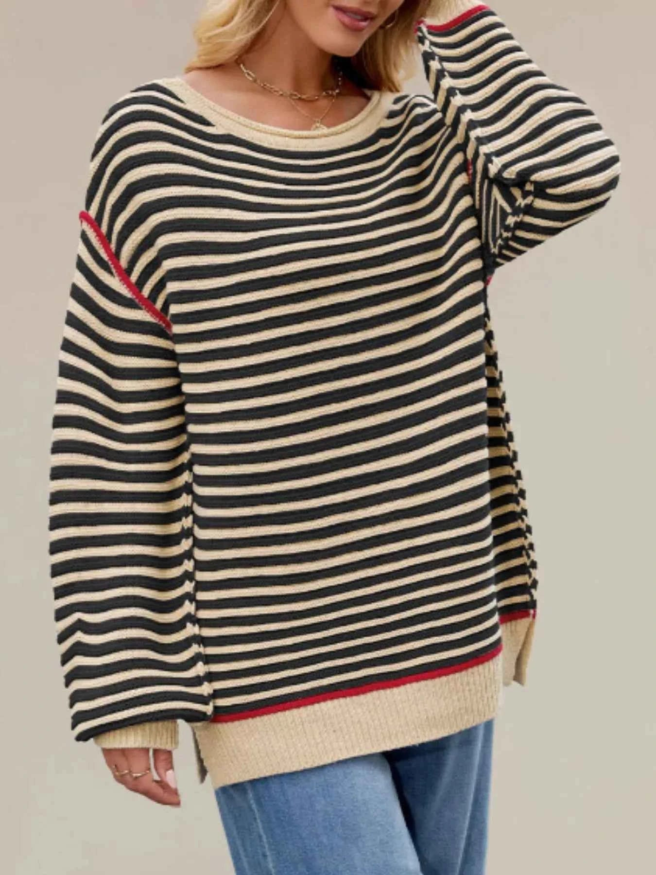Slit Striped Oversized Sweater.