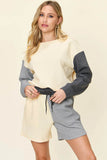 Double Take Contrast Drop Shoulder Set - Full Size Top & Shorts Combo - EBYNN