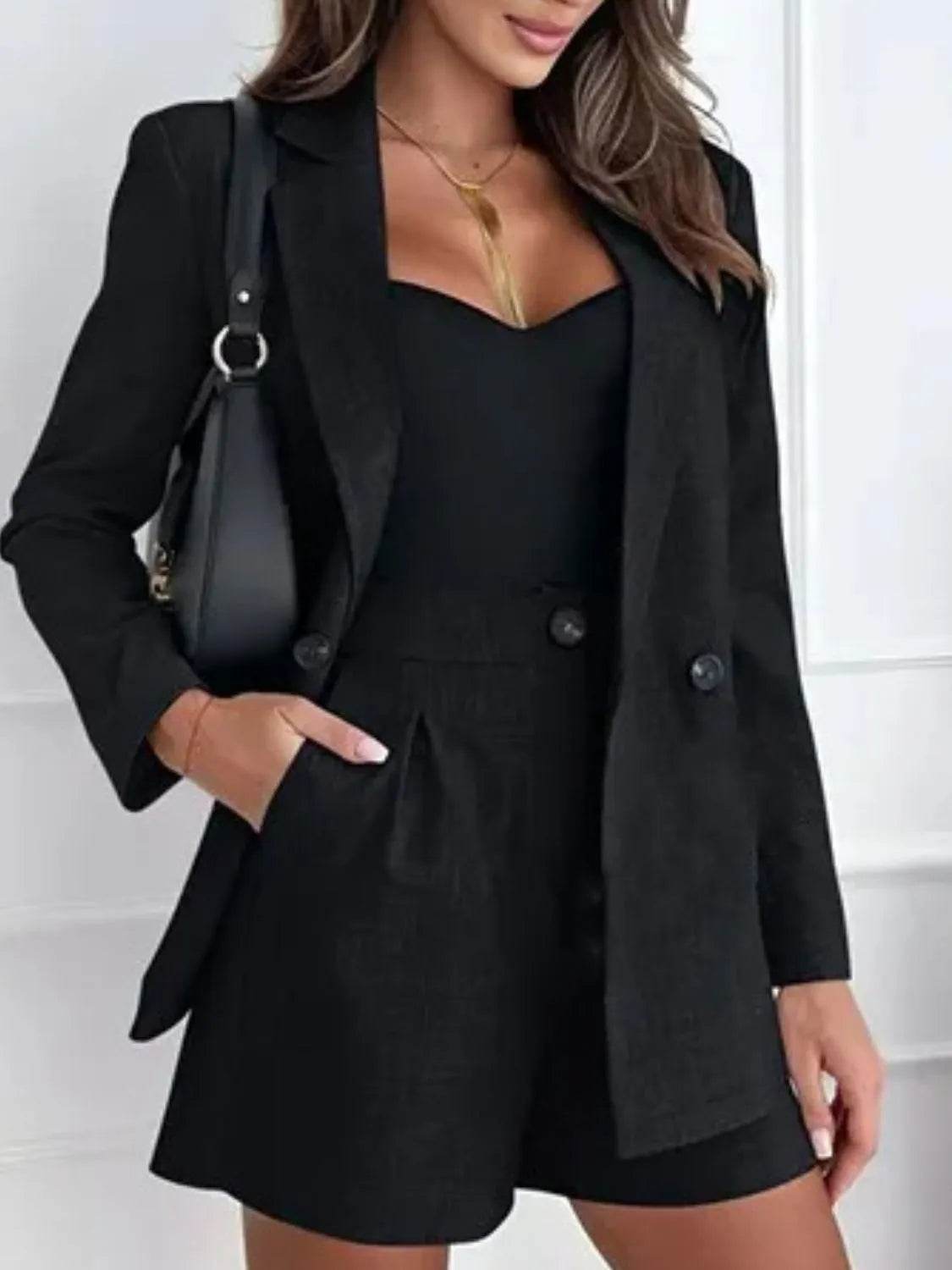 One Button Lapel Collar Blazer and Shorts Set - EBYNN