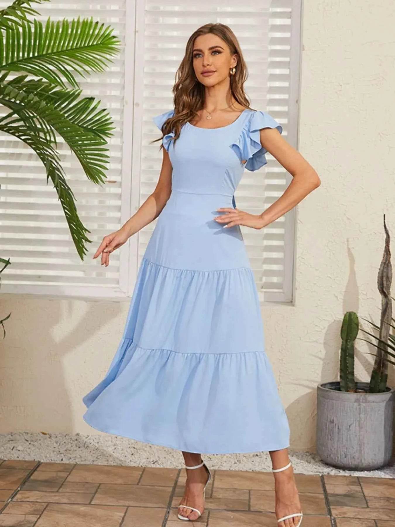 Flutter Sleeve Cutout Summer Midi Dress.