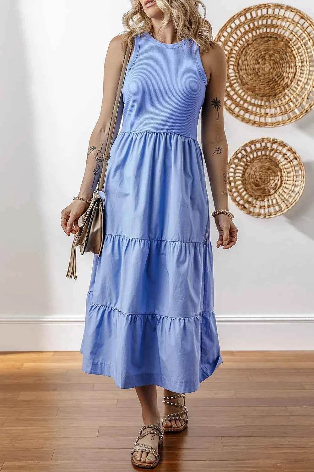 Ribbed Midi Dress with Patchwork and Pockets.