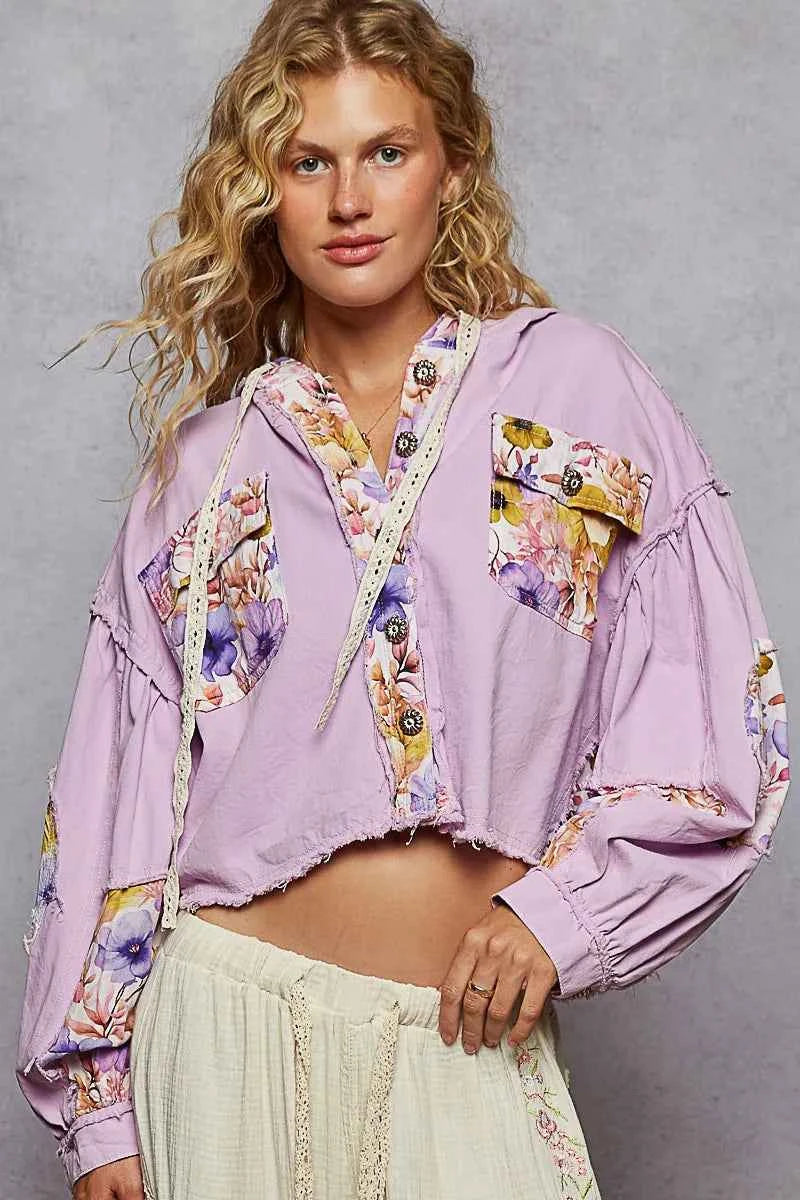 POL Floral Print Cropped Hooded Jacket with Raw Hem.