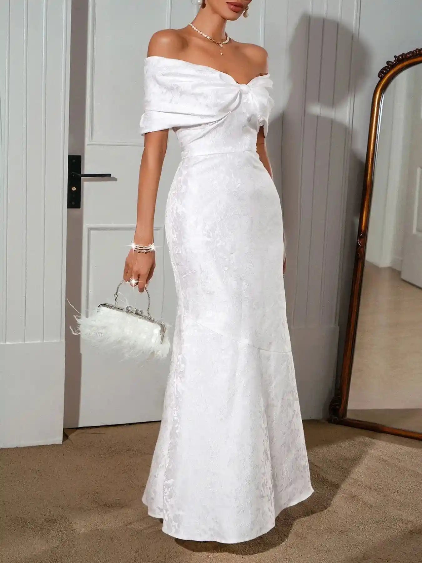 Bow Off-Shoulder Maxi Dress.