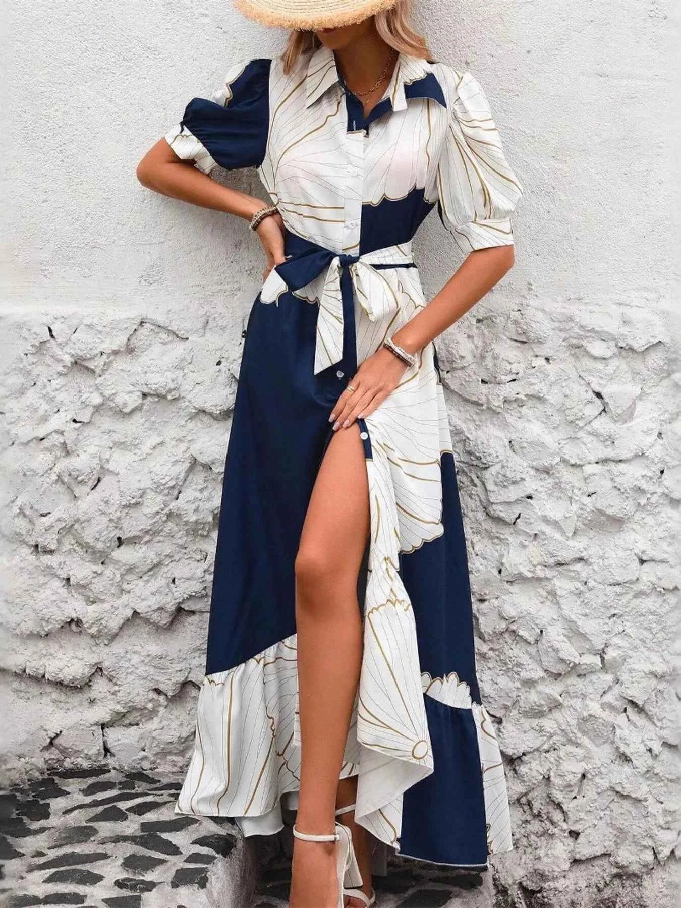 Printed Button Down Half Sleeve Maxi Shirt Dress.