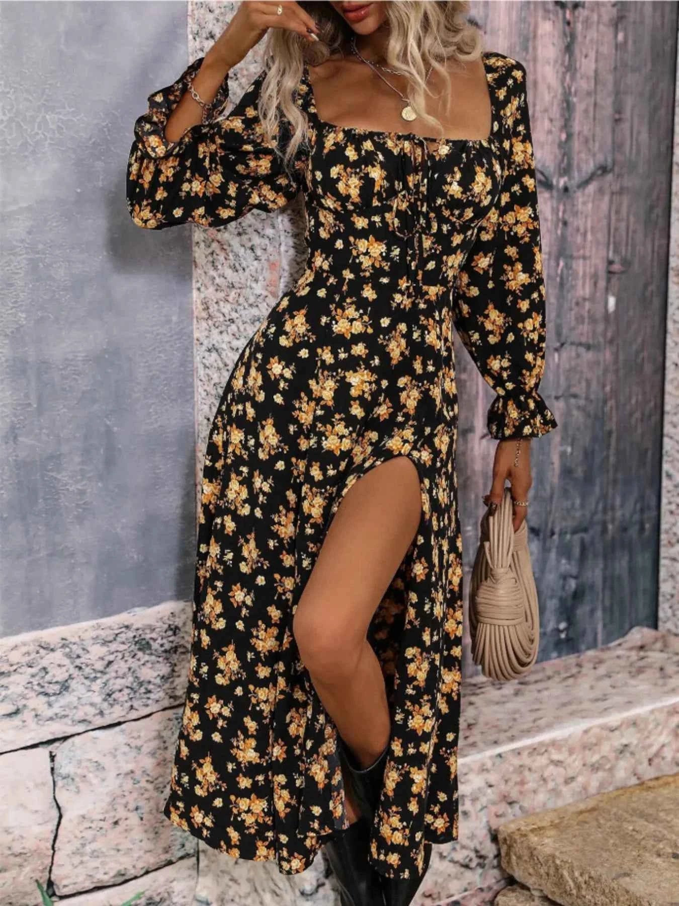 Floral Print Square Neck Dress with Flounce Sleeves.