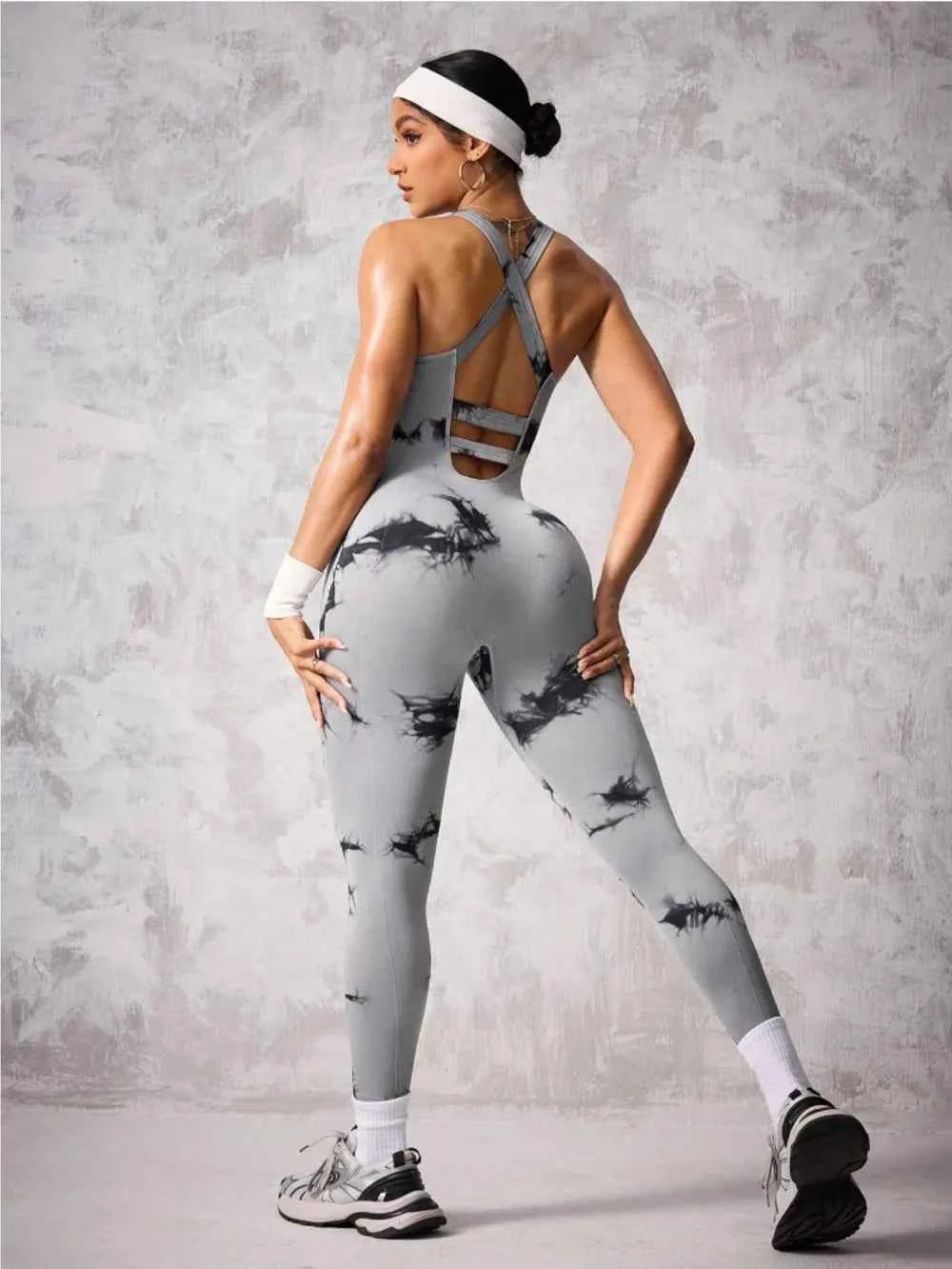 Back Crisscross Tie-Dye Scoop Neck Active Jumpsuit.