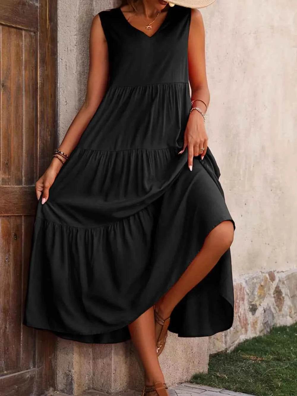 Tiered V-Neck Sleeveless Cotton Dress.