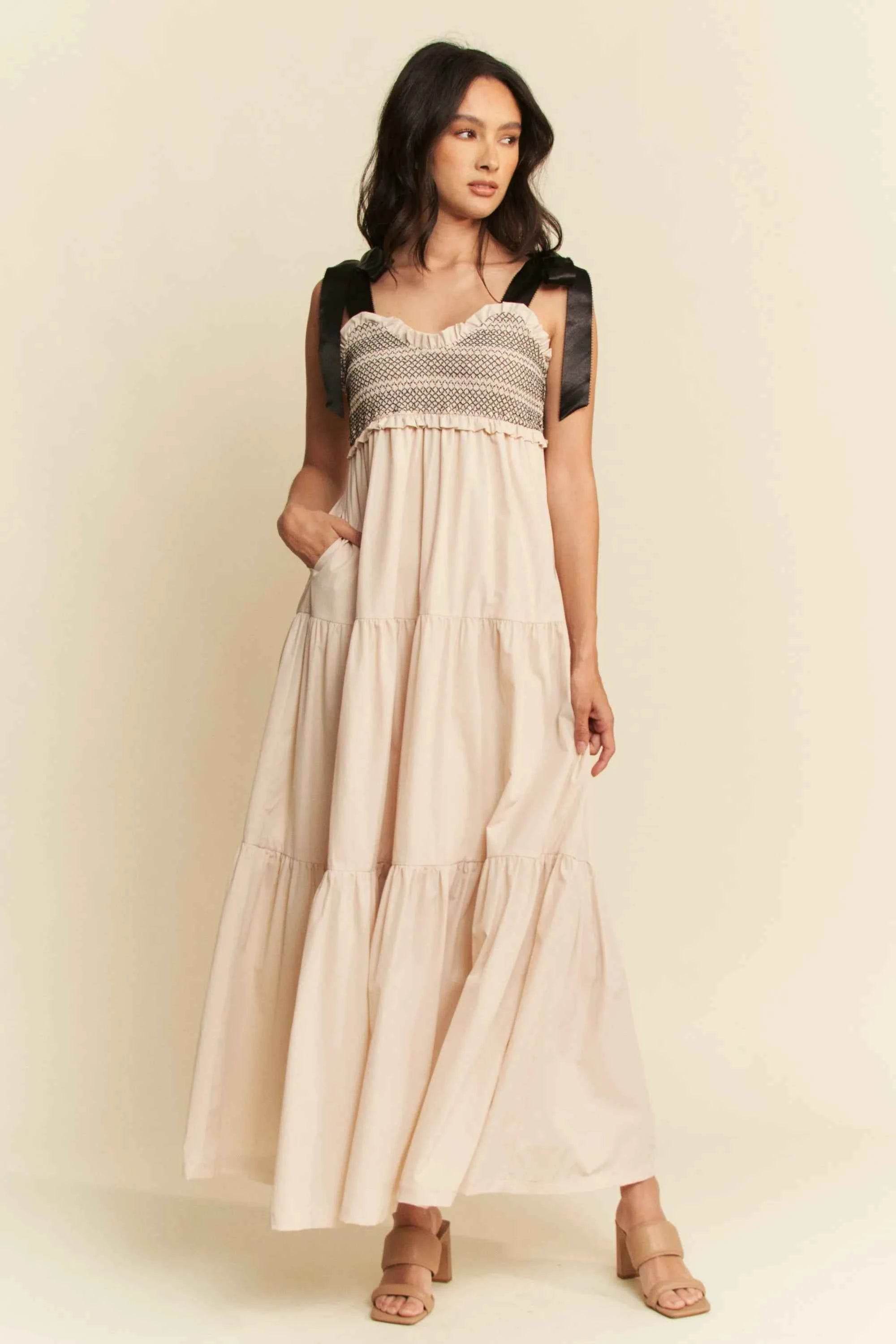 Davi & Dani Multi Contrast Smocked Bodice Maxi Dress.