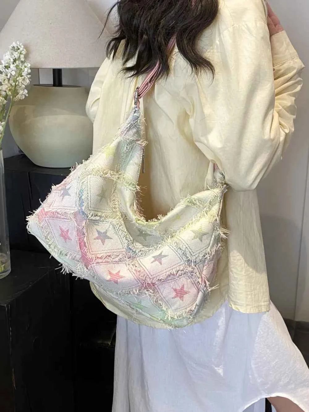 Raw Hem Denim Shoulder Bag.