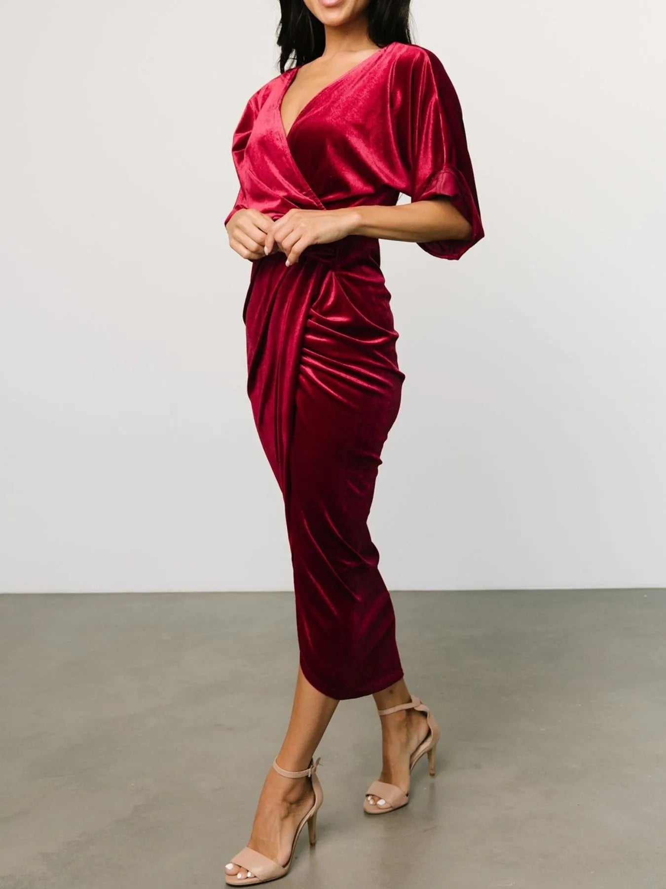 Ruched Surplice Half Sleeve Dress.