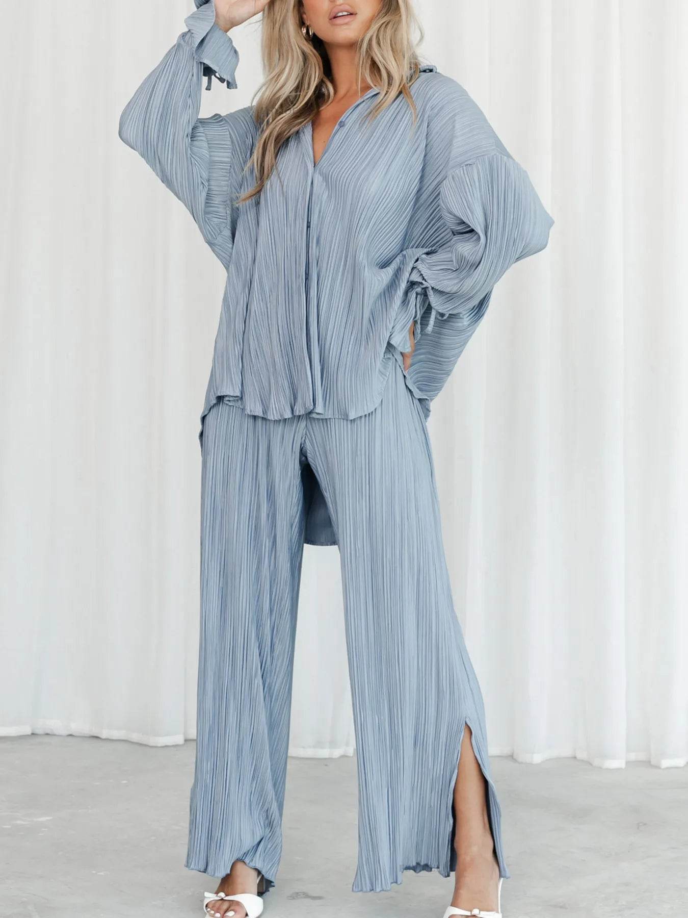 Button Up Long Sleeve Set with Pants - Stylish and Comfortable Outfit - EBYNN