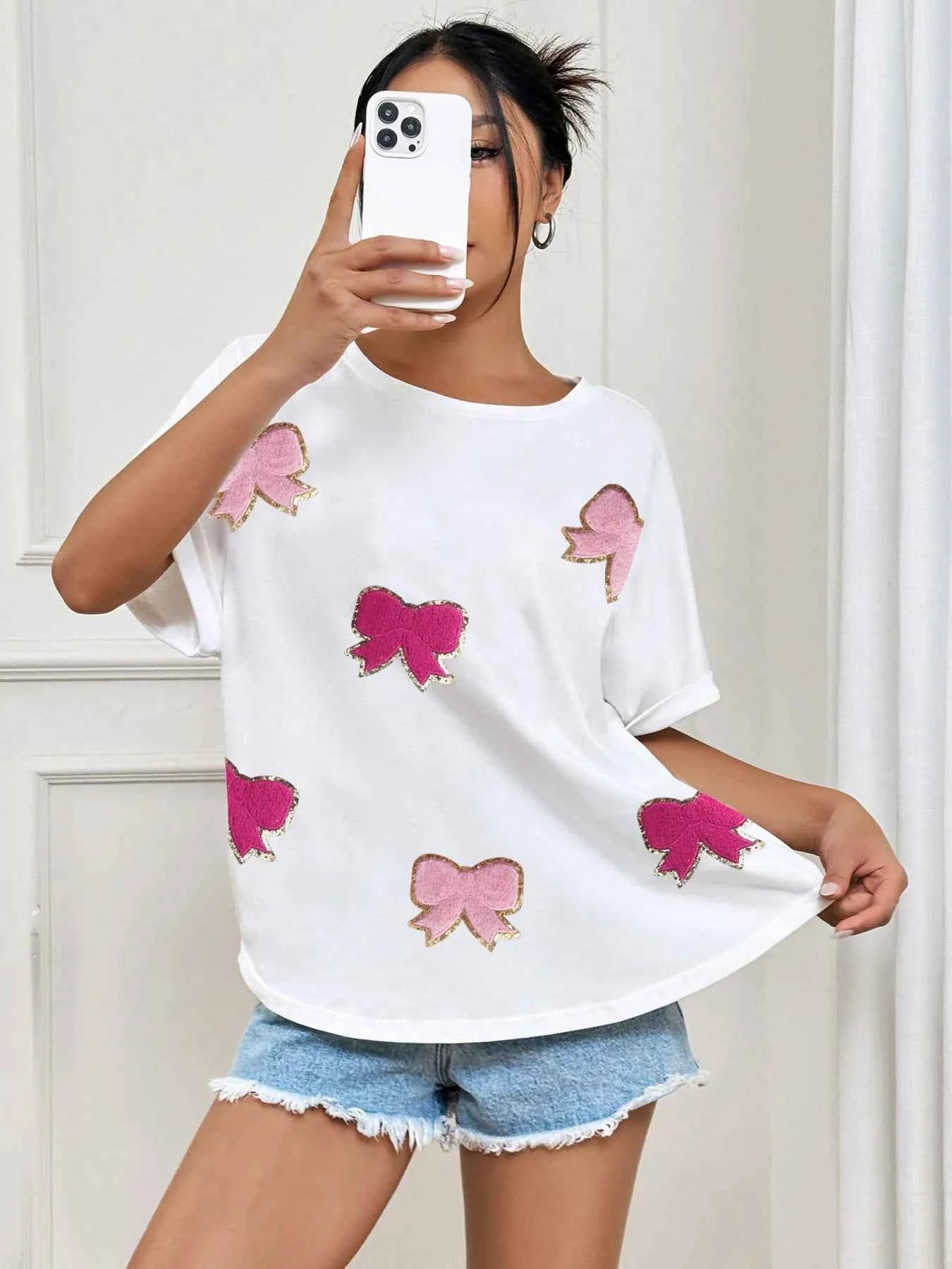 Bow Round Neck Oversized Casual T-Shirt.
