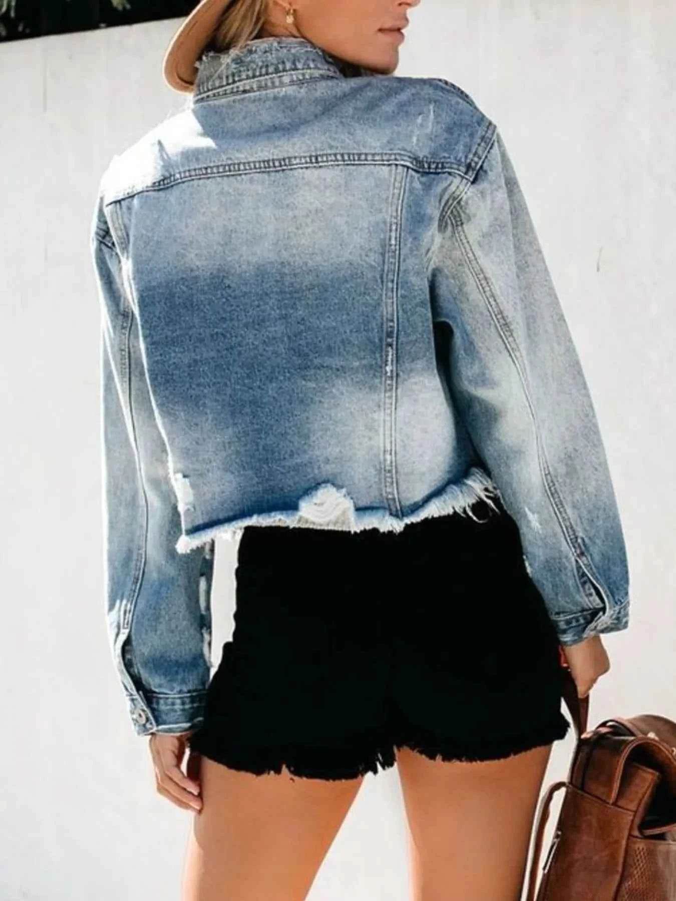 Distressed Raw Hem Denim Jacket.