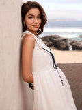 Nautical V-Neck Sleeveless Midi Dress with Contrast Trim.