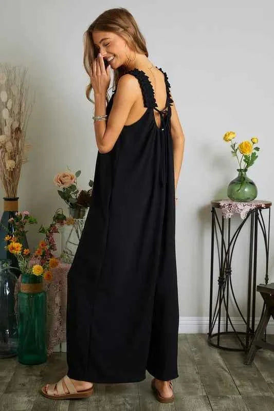 ADORA Plus Size Elastic Ruffle Shoulder Jumpsuit.