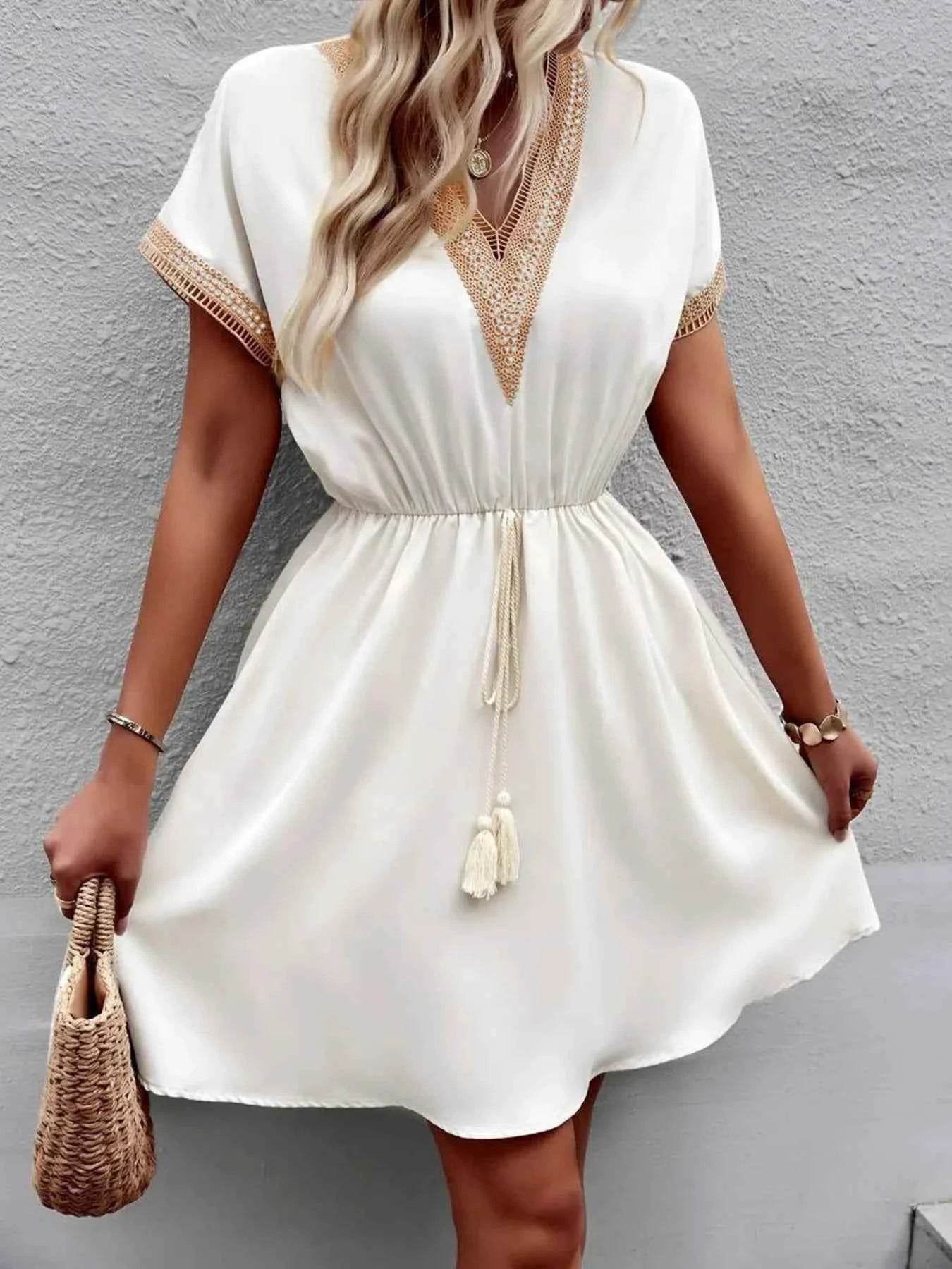 V-Neck Short Sleeve Mini Dress.