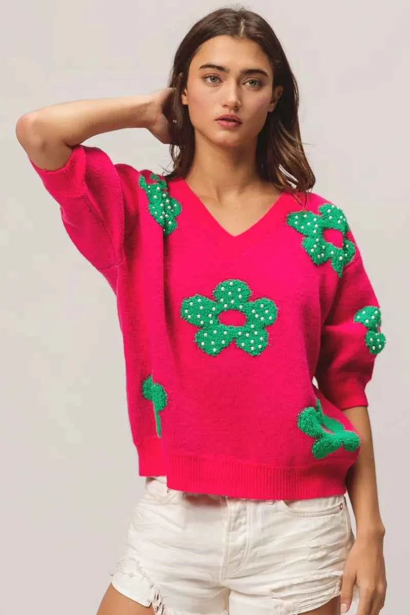 BiBi Pearl Beads Flowers Sweater Top.