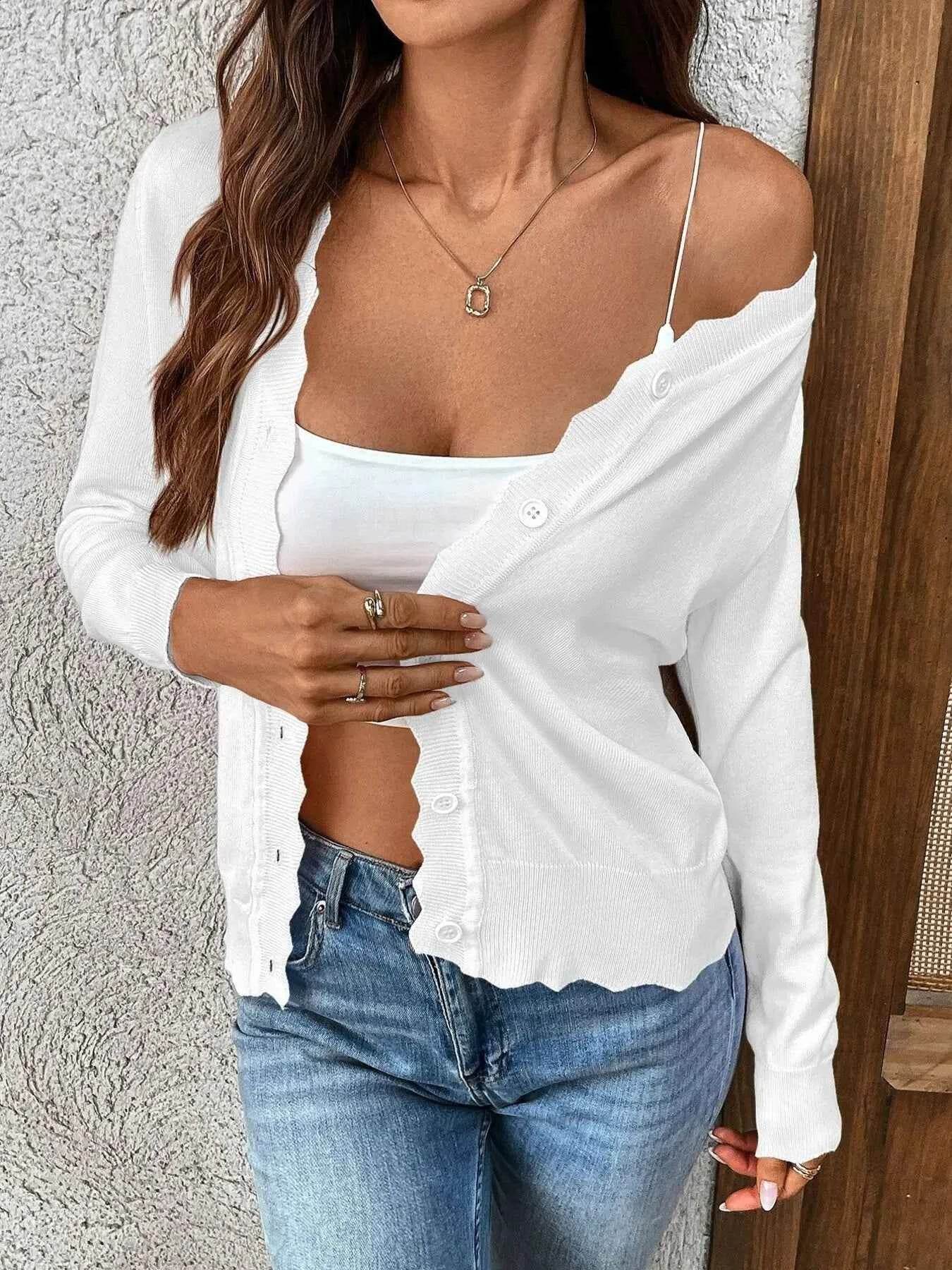 Ribbed Edge Button-Up Knit Cardigan.