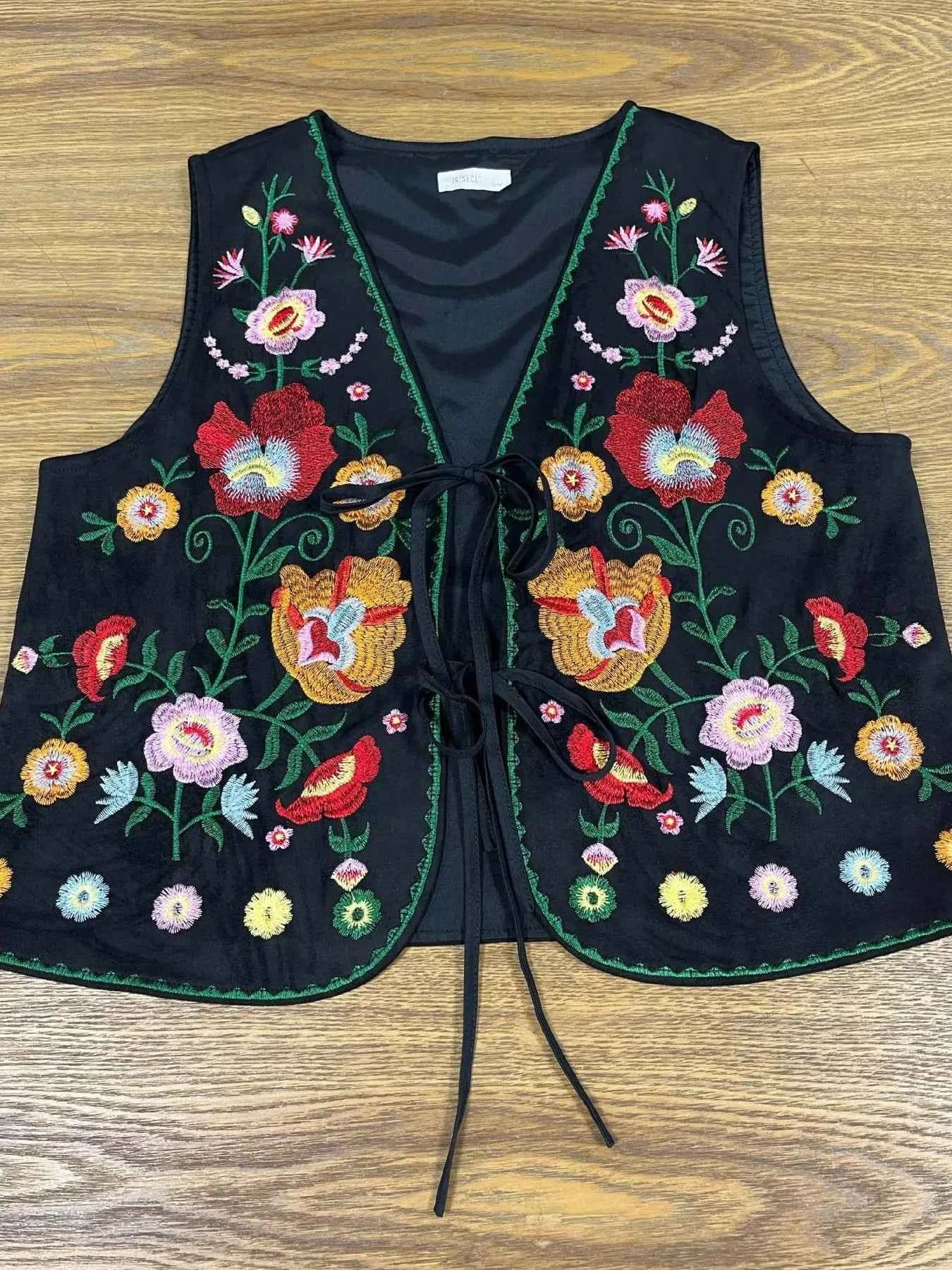 Floral Embroidered Lace-Up Vest.