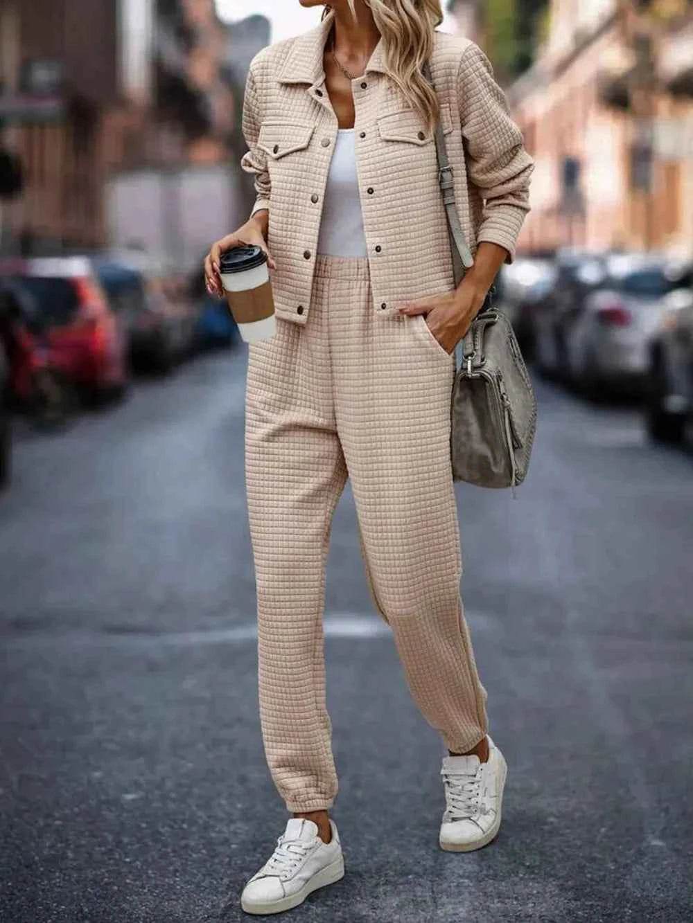 Plaid Texture Snap Down Top and Pants Set.