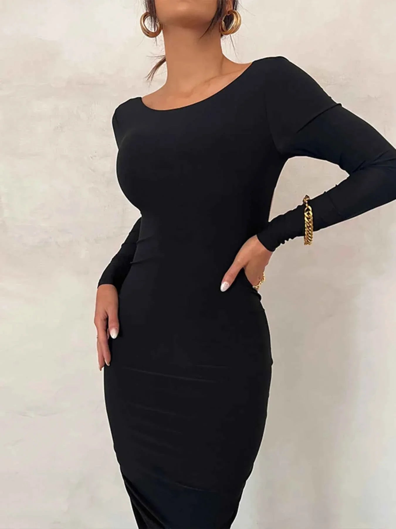 Backless Ruched Long Sleeve Maxi Dress.