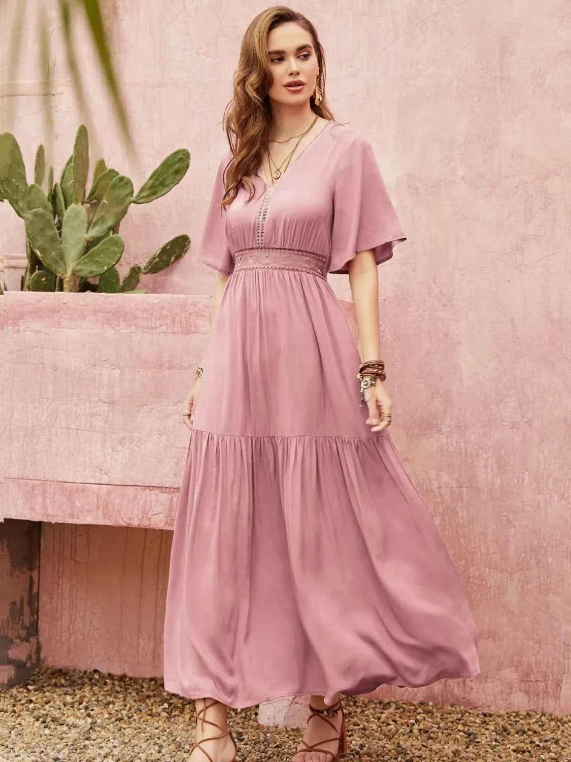 Lace Detail V-Neck Short Sleeve Dress.