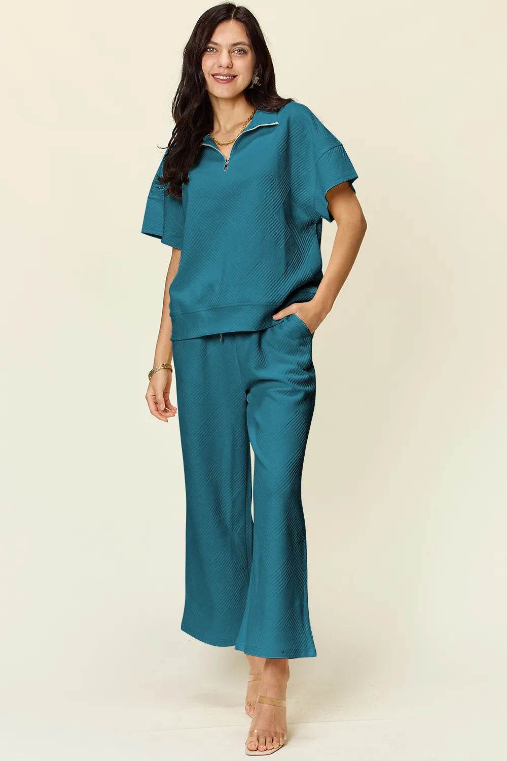 Double Take Texture Half Zip Set with Full Size Top and Pants - EBYNN