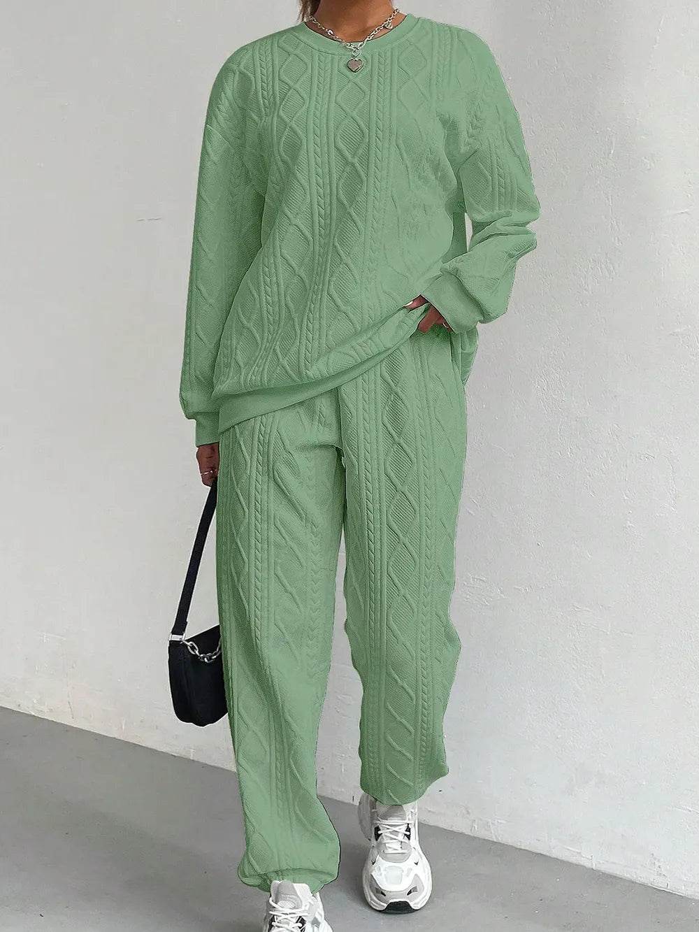 Texture Round Neck Top and Pants Set.