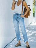 Distressed Straight Leg Jeans.