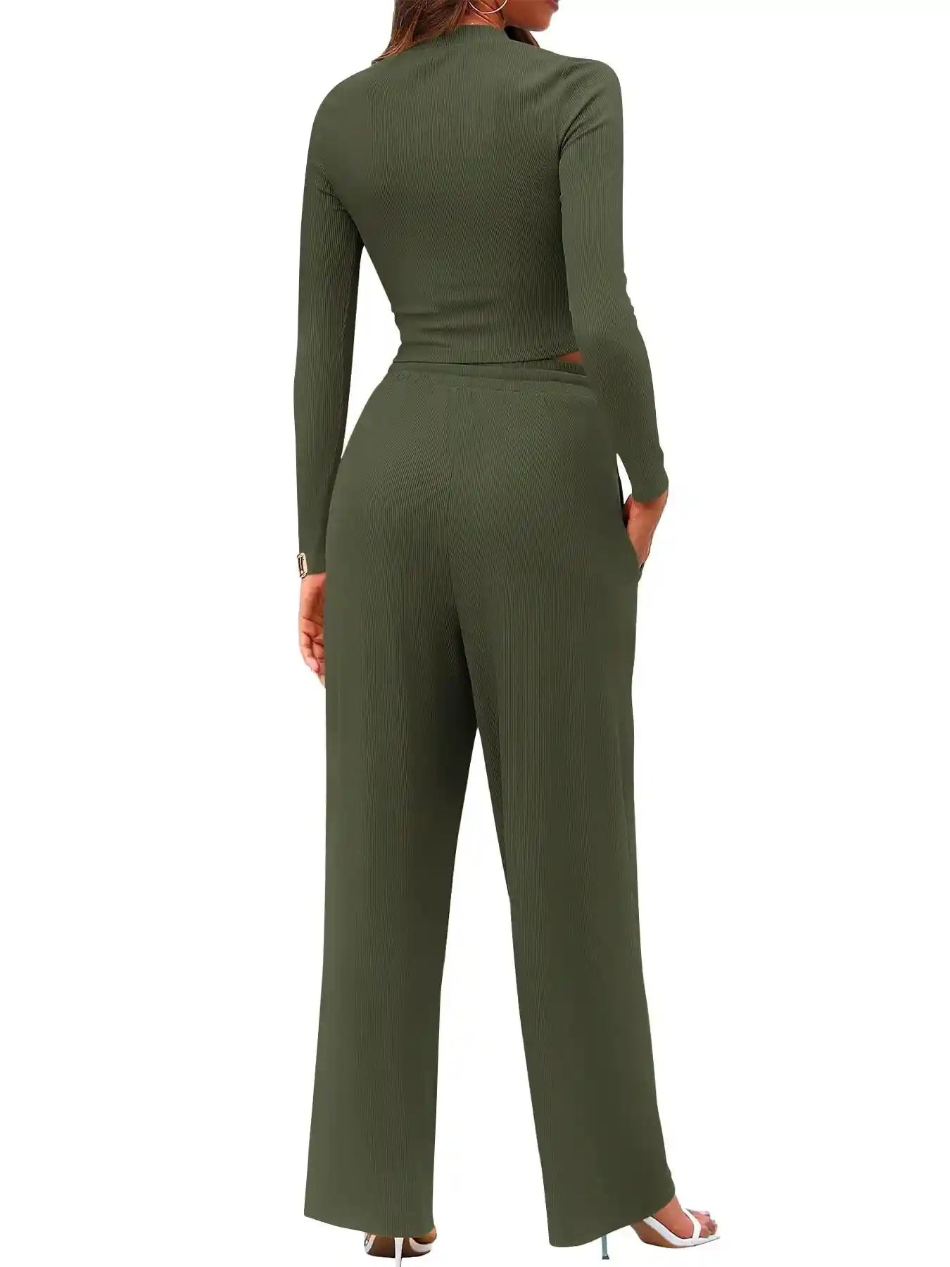 Round Neck Long Sleeve Top and Pants Set.