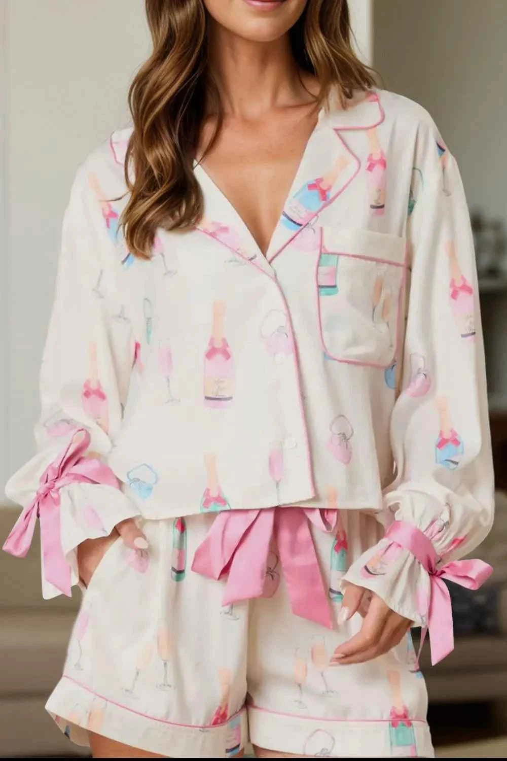 Bow Printed Collared Neck Top & Drawstring Shorts Set.