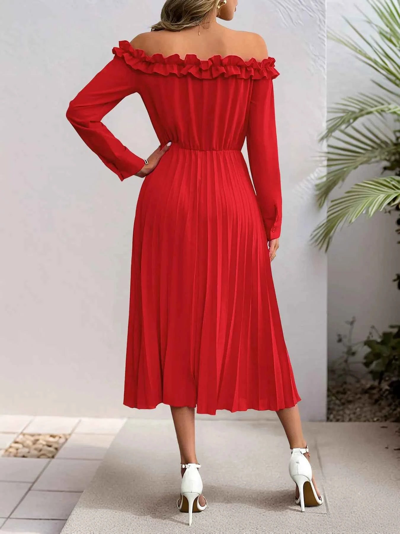 Off-Shoulder Ruffle Pleated Midi Dress.