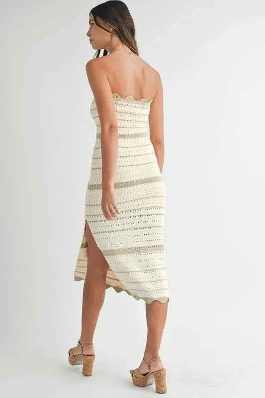 MABLE Contrast Striped Crochet Knit Midi Dress.