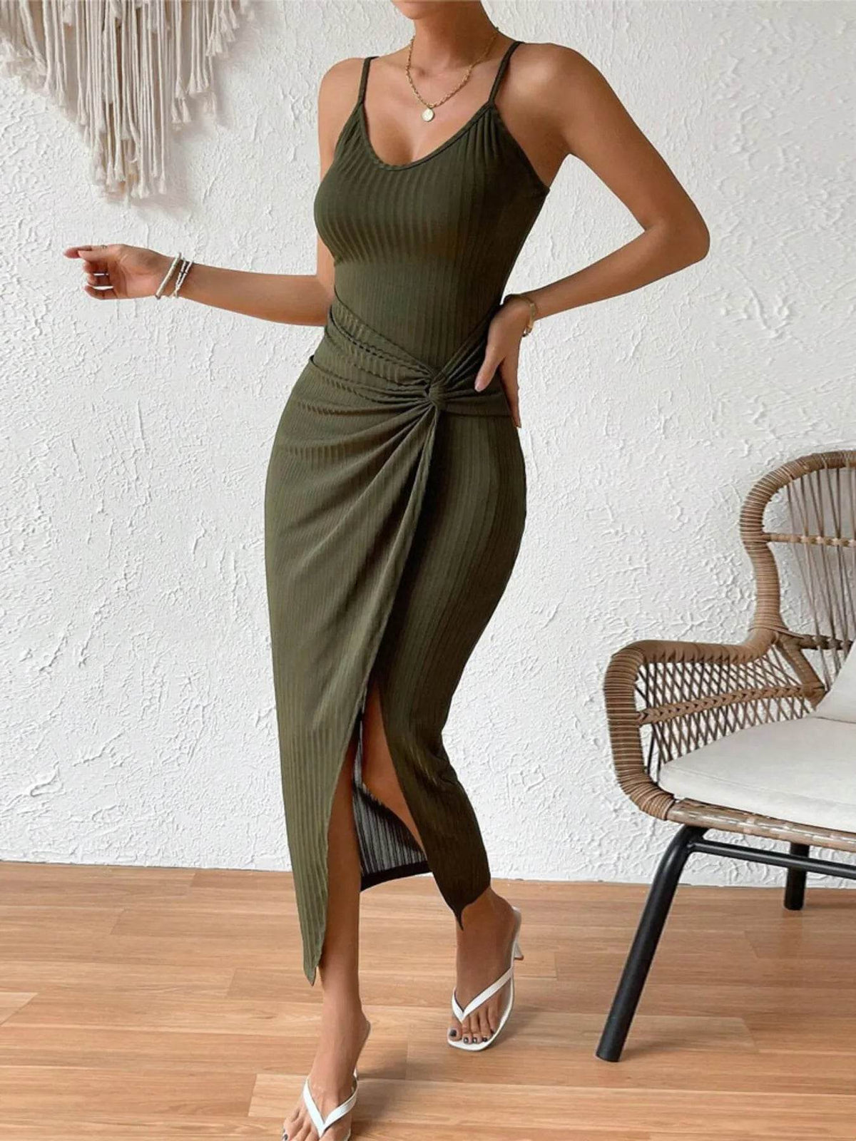 Ribbed Wrap Midi Dress with Side Slit.