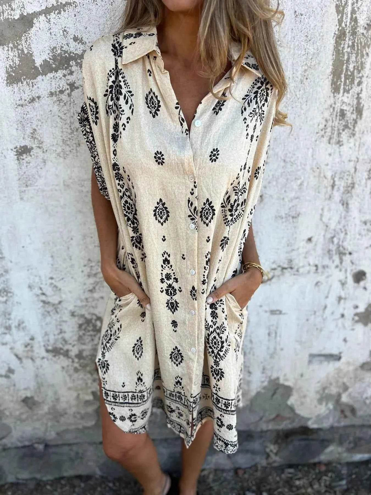 Plus Size Printed Short Sleeve Button-Up Shirt Dress.