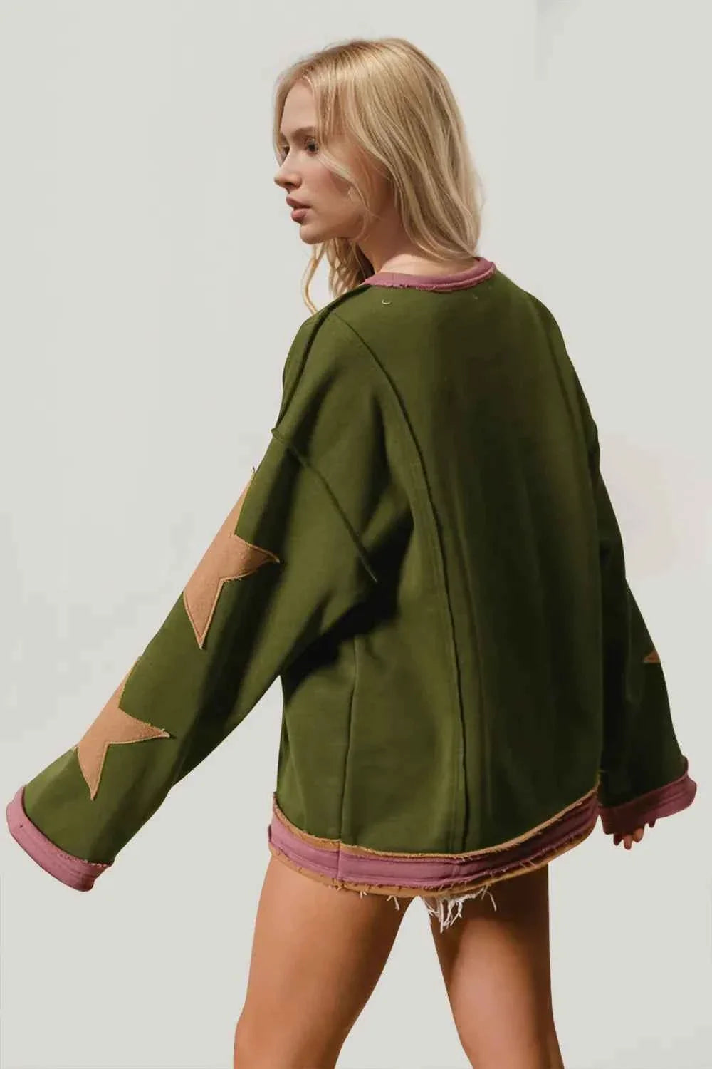 Double Take Star Patched Long Sleeve Sweatshirt.