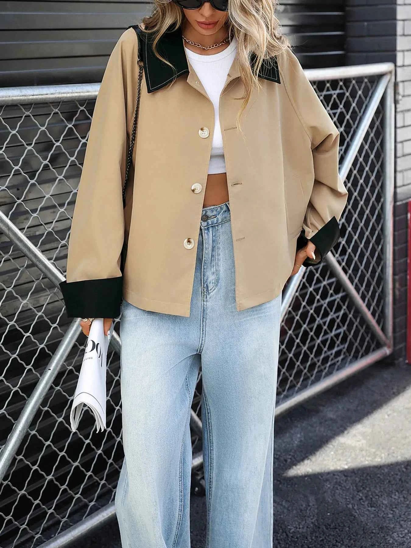 Color Block Button-Up Casual Jacket.