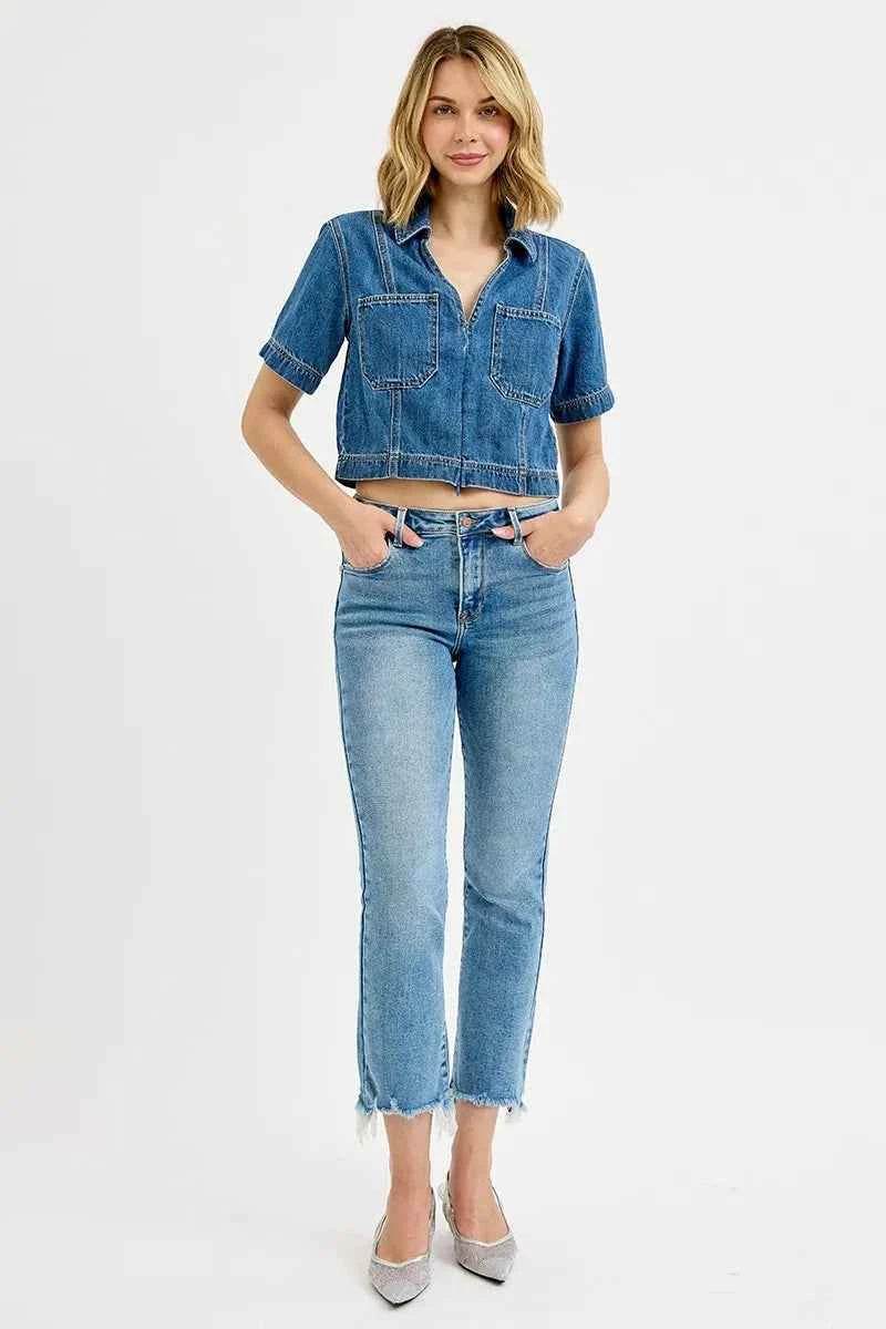 RISEN Plus Size High Rise Crop Straight Slim Jeans.