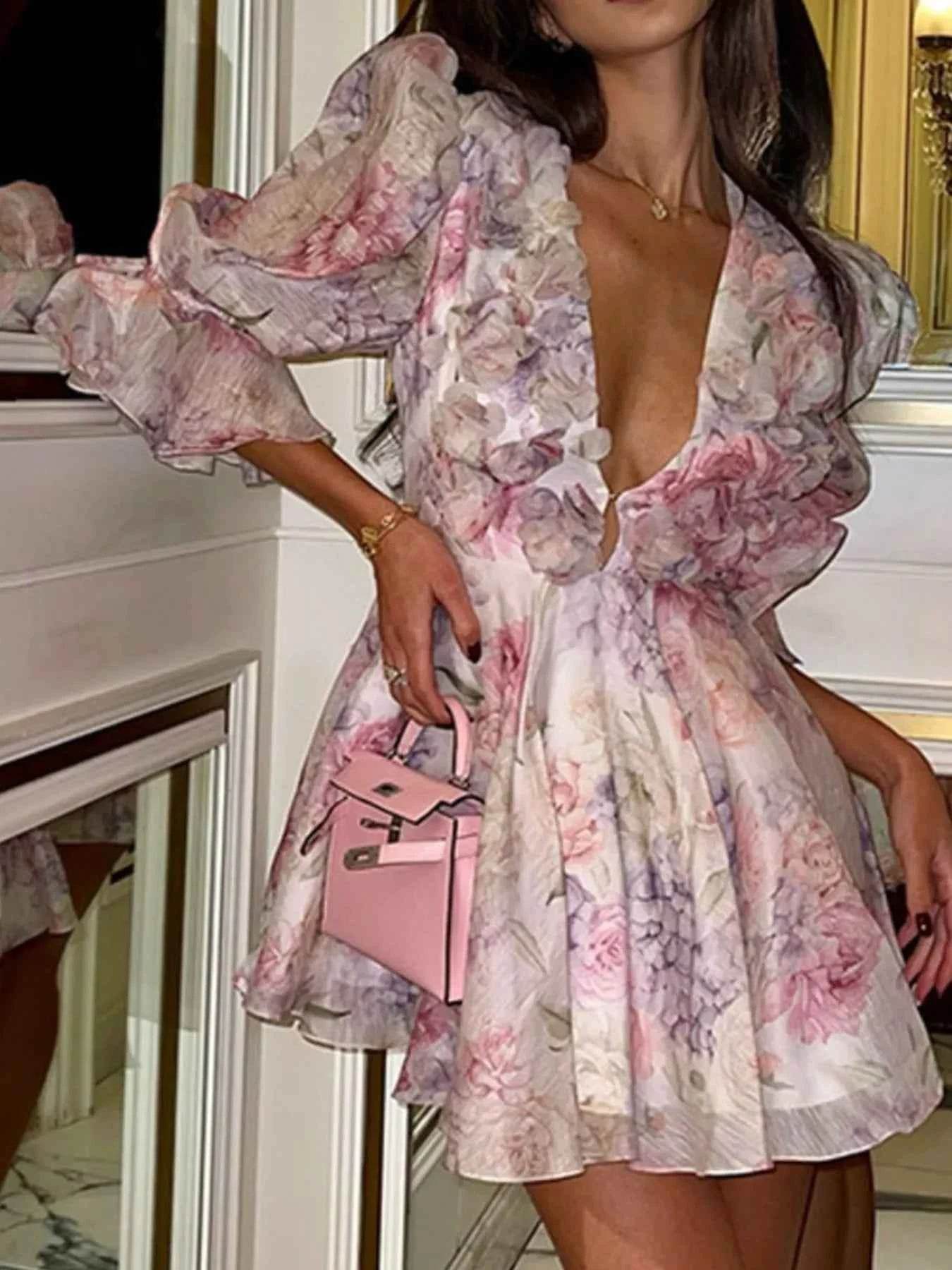 Floral Print Ruffled Mini Dress with Deep V-Neck.