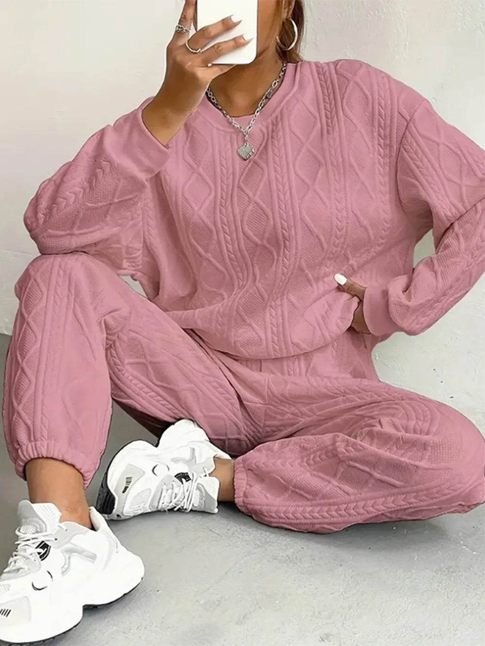 Texture Round Neck Top and Pants Set.