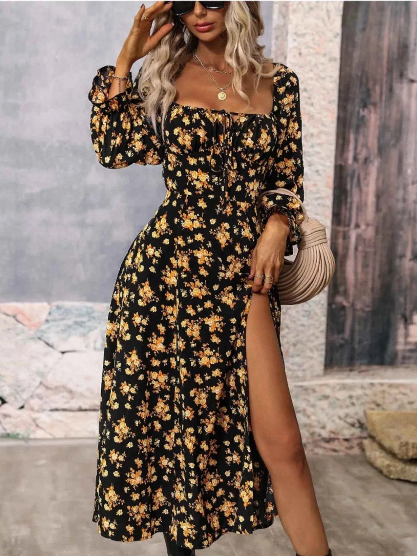 Floral Print Square Neck Dress with Flounce Sleeves.