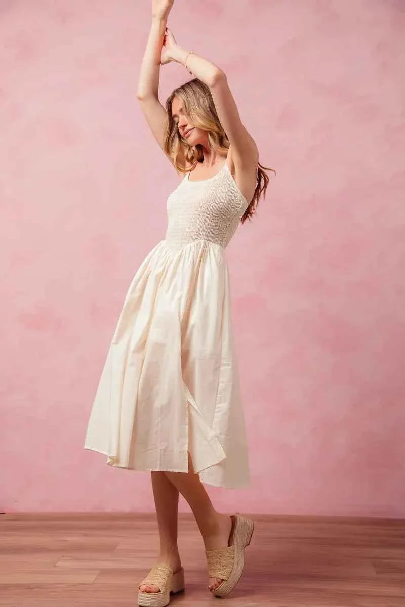 SO ME Smocked Sleeveless Midi Dress with Slit.