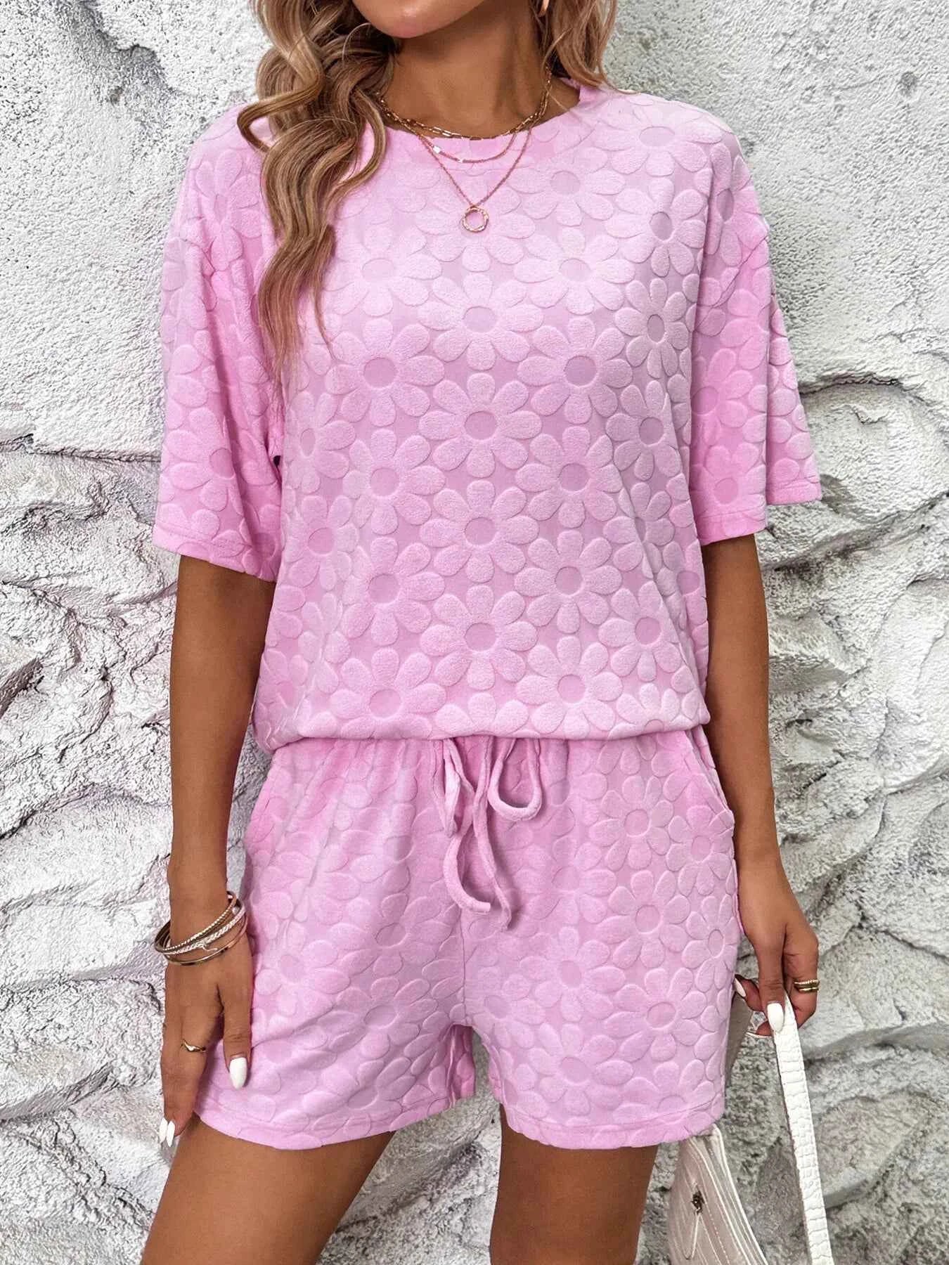 Flower Round Neck Top and Shorts Lounge Set.