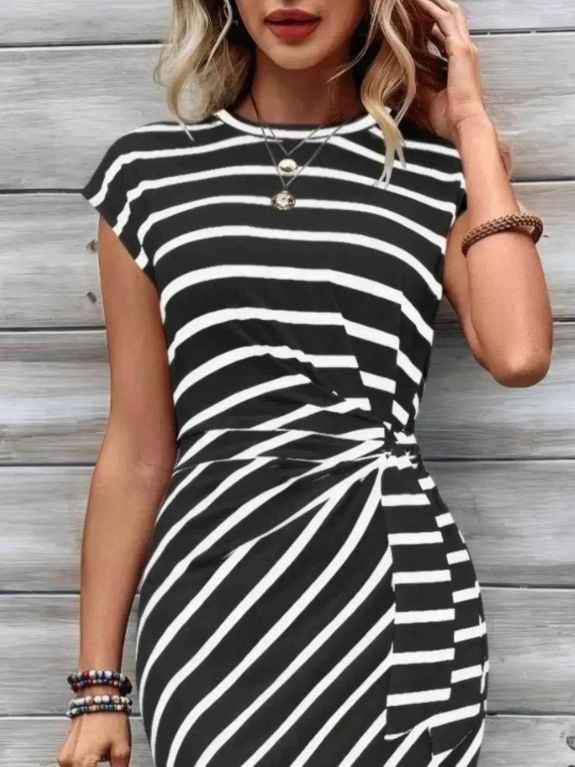 Striped Round Neck Cap Sleeve Midi Dress.