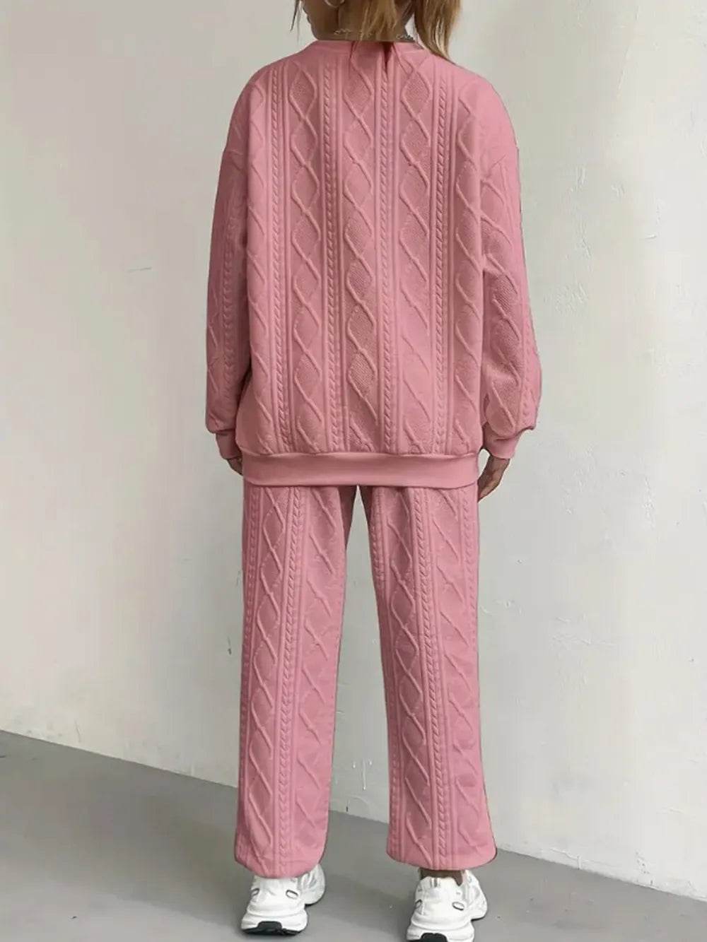 Texture Round Neck Top and Pants Set.