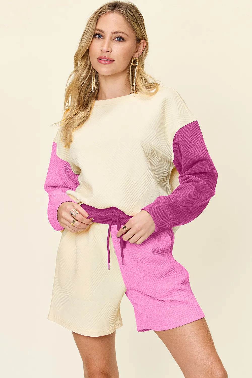 Double Take Contrast Drop Shoulder Set - Full Size Top & Shorts Combo - EBYNN