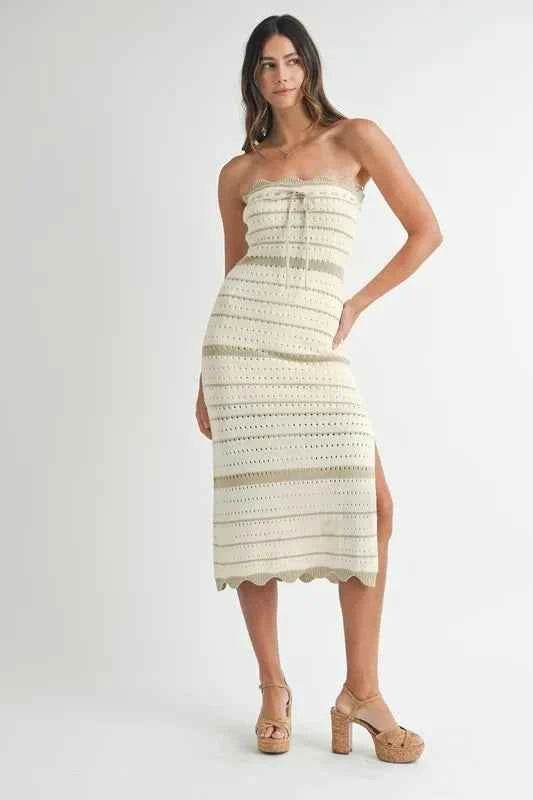 MABLE Contrast Striped Crochet Knit Midi Dress.