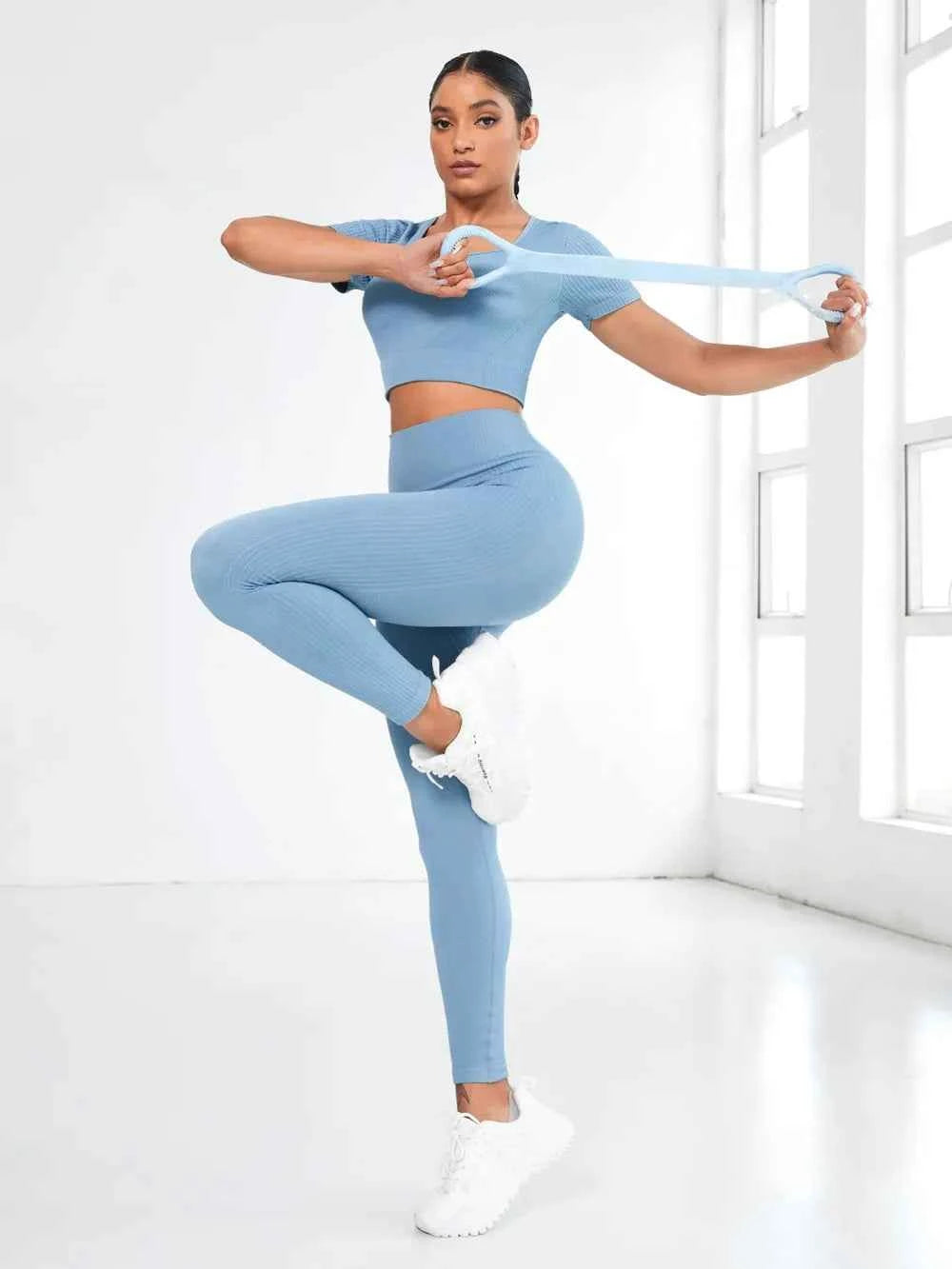 Round Neck Short Sleeve Top and Leggings Active Set.