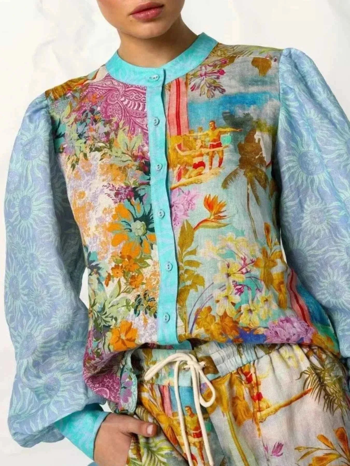 Printed Button Up Shirt and Shorts Set.